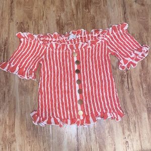 OLIVACEOUS STRIPED OFF SHOULDER SCRUNCHED CROP TOP